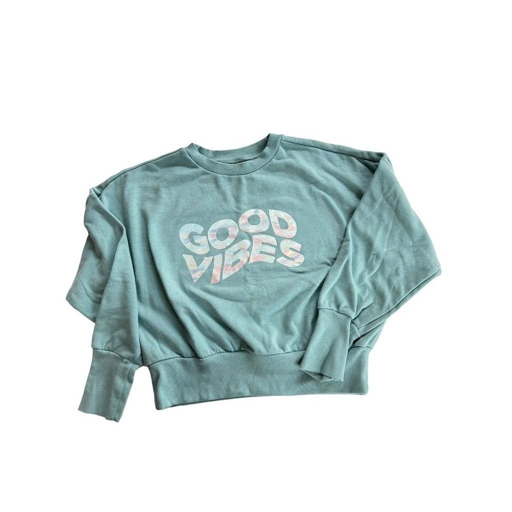 Medium Getafterit Women's Mint Green "Good Vibes" Pullover Crop Crewneck Sweatsh